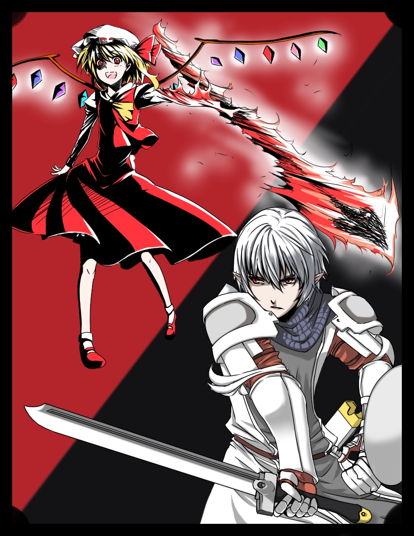 haruichi (komikal), buront, flandre scarlet, final fantasy, final fantasy xi, the iron of yin and yang, touhou, 00s, blonde hair, crossover, hat, laevatein, red eyes, vampire, wings