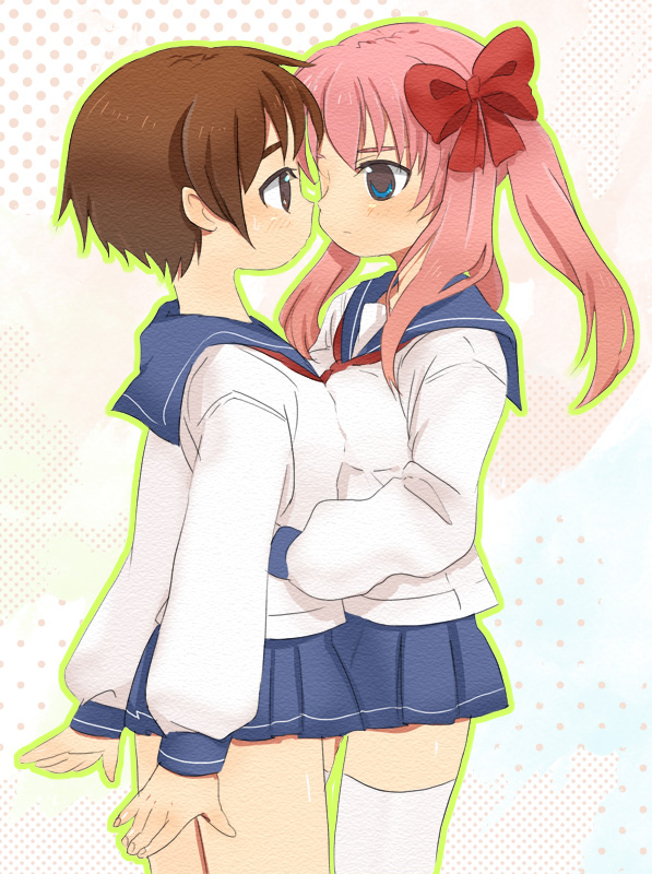 dadami, haramura nodoka, miyanaga saki, saki (manga), bad id, bad pixiv id, 00s, 2girls, asymmetrical docking, blue eyes, bow, breast press, breasts, brown eyes, brown hair, eyebrows hidden by hair, hair bow, hug, large breasts, long hair, multiple girls, neckerchief, pink hair, red neckerchief, school uniform, serafuku, short hair, skirt, symmetrical docking, thighhighs, yuri, zettai ryouiki