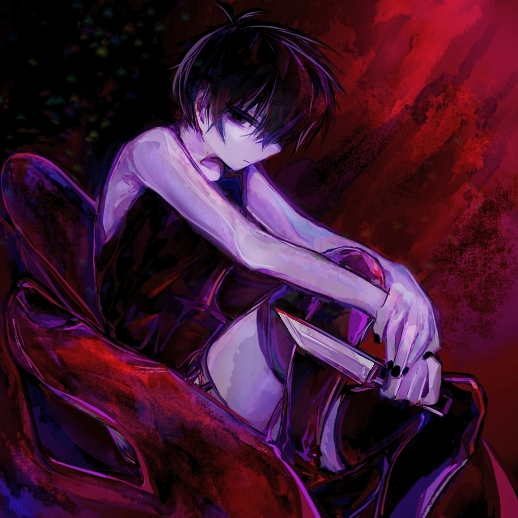 omori (omori), omori, chinese commentary, commentary request, 1boy, :|, antenna hair, bags under eyes, bare arms, bare shoulders, black background, black eyes, black hair, black nails, black shorts, black tank top, black thighhighs, chair, closed mouth, colored skin, empty eyes, expressionless, foot out of frame, from side, hair between eyes, holding, holding knife, jitome, knee up, knife, looking at viewer, male focus, mellocaa, nail polish, no pupils, on chair, own hands together, profile, red background, reverse grip, short hair, shorts, sideways glance, simple background, sitting, solo, striped clothes, striped shorts, tank top, thighhighs, two-tone background, two-tone shorts, v arms, vertical-striped clothes, vertical-striped shorts, very short hair, white shorts, white skin