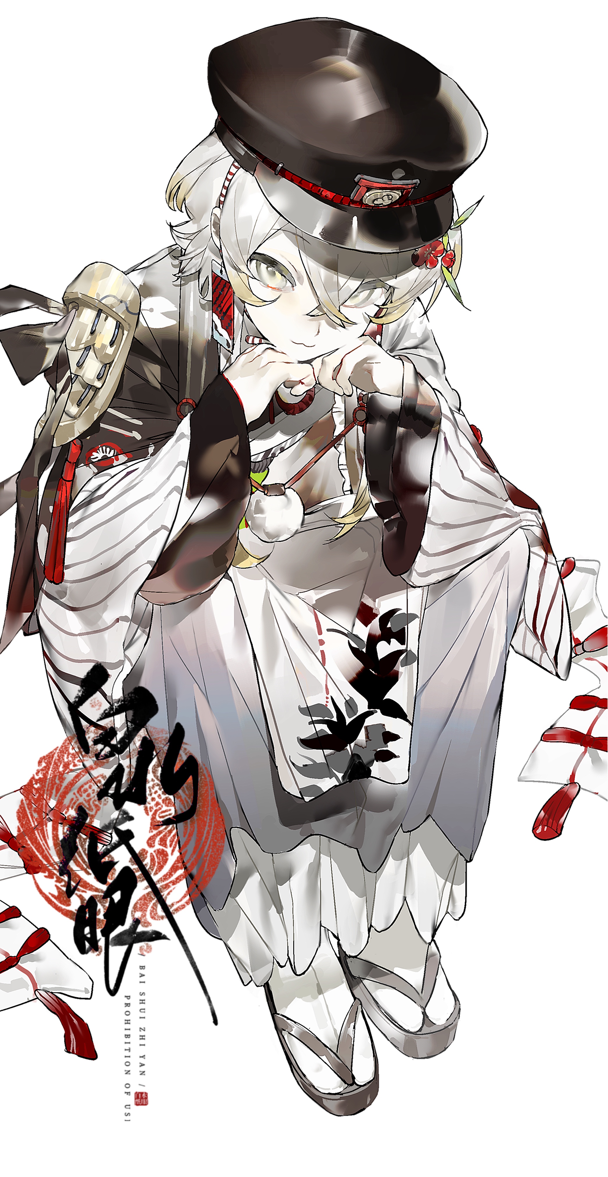 original, absurdres, highres, 1boy, :3, armor, baishui zhi yan, brown hat, closed mouth, crossed bangs, eyelashes, fingernails, flower, full body, hair between eyes, hair flower, hair ornament, hat, head rest, japanese armor, japanese clothes, juban, kimono, leaning forward, long sleeves, male focus, pale skin, red flower, sandals, short hair, shoulder armor, sidelocks, simple background, sitting, socks, sode, solo, tabi, tassel, white background, white hair, white kimono, white socks, wide sleeves, yellow eyes