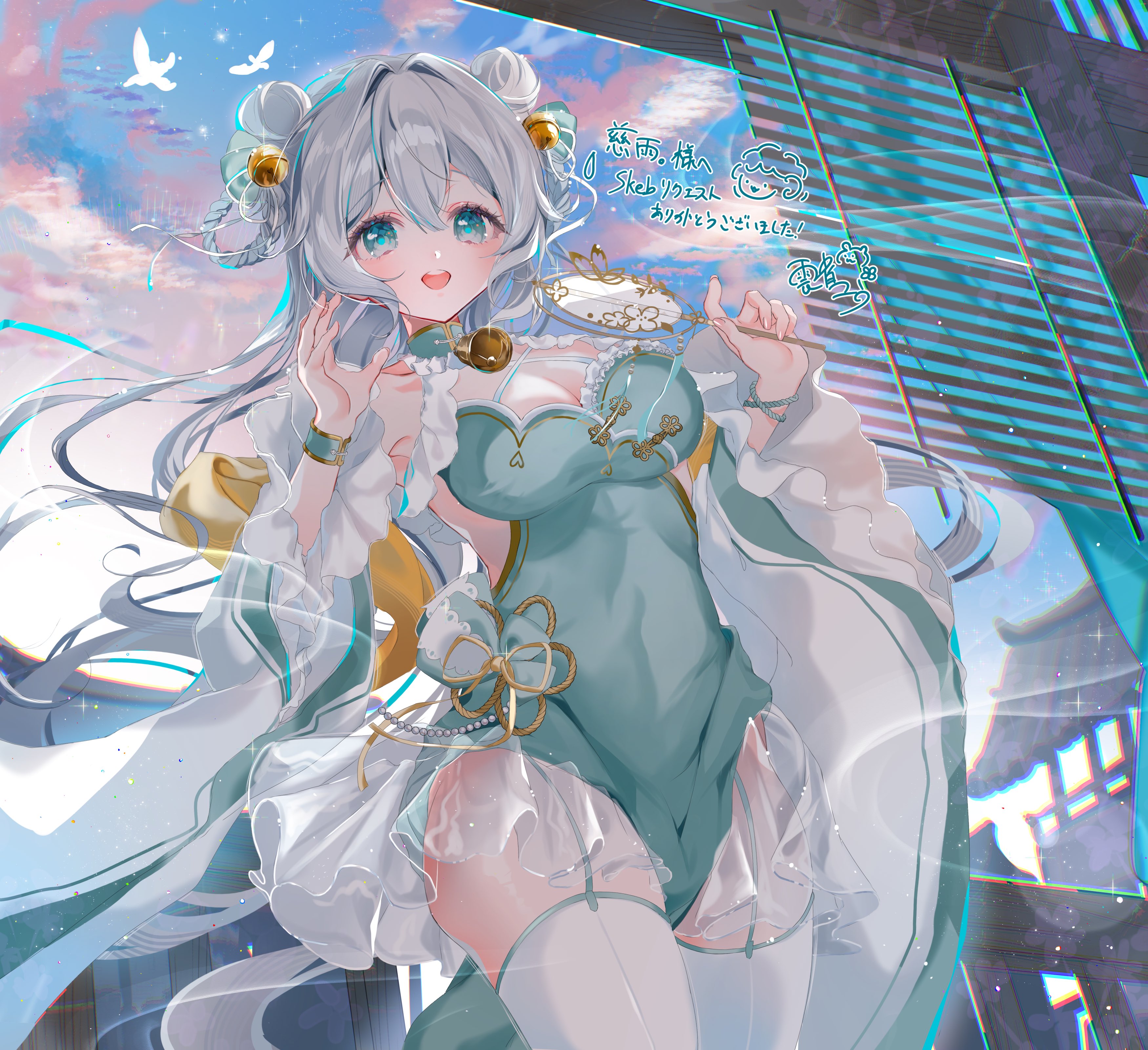hibari yuu, indie virtual youtuber, absurdres, commission, highres, skeb commission, 1girl, aqua dress, aqua eyes, bell, blue sky, breasts, cleavage, cloud, cloudy sky, detached sleeves, double bun, dress, grey hair, hair bell, hair bun, hair ornament, hand fan, holding, holding fan, jiu (vtuber), large breasts, long hair, long sleeves, looking at viewer, open mouth, paper fan, sky, sleeveless, sleeveless dress, smile, solo, thighhighs, virtual youtuber, white sleeves, white thighhighs, wide sleeves
