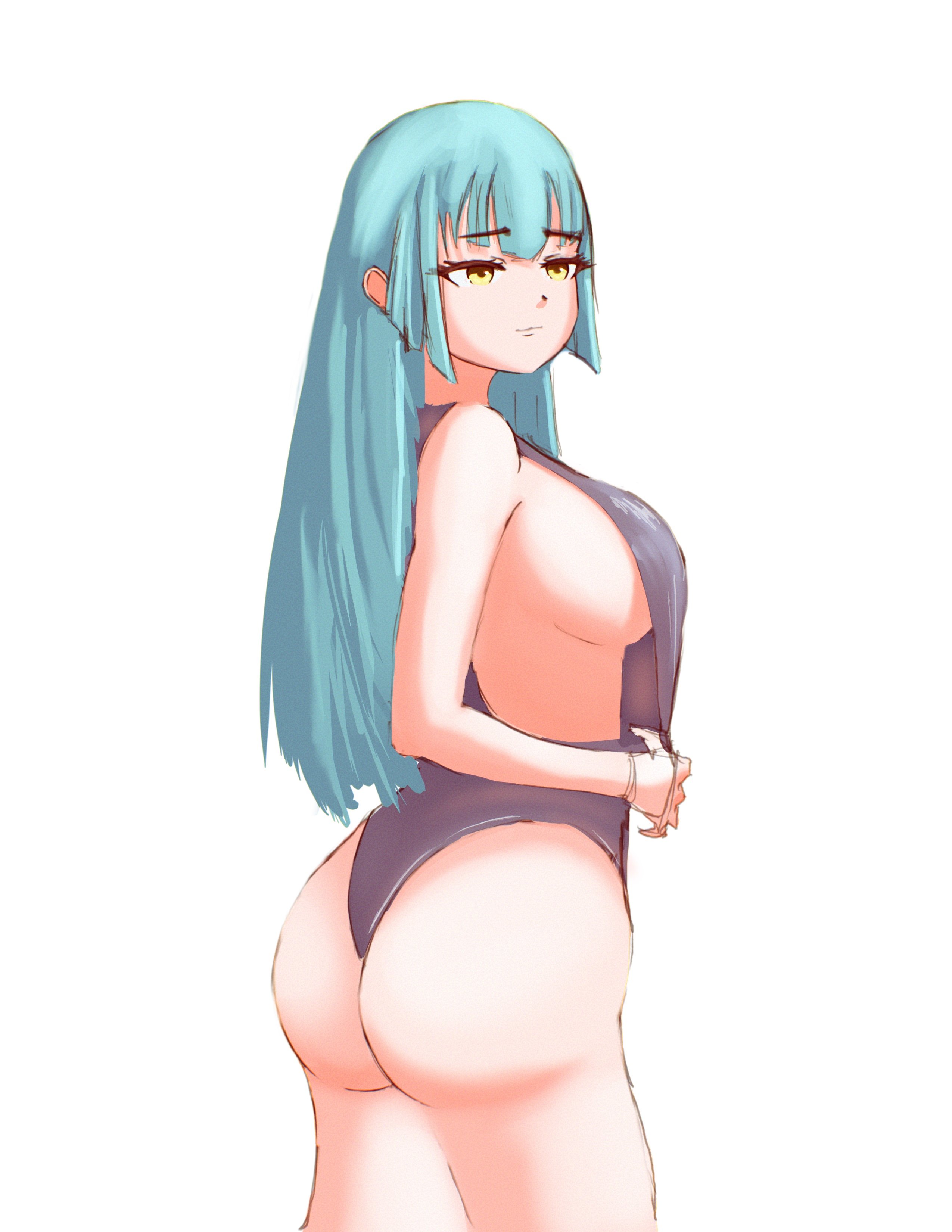 r thors, risette twinings, eiyuu densetsu, kuro no kiseki (series), absurdres, highres, 1girl, ass, blue hair, blunt bangs, bob cut, breasts, from side, hime cut, huge ass, large breasts, one-piece swimsuit, sideboob, simple background, solo, swimsuit, upper body, white background, yellow eyes