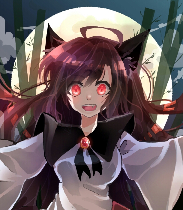shinjitsu no kuchi, imaizumi kagerou, touhou, commentary request, 1girl, ahoge, animal ears, bamboo, blue sky, breasts, brooch, brown hair, dress, full moon, jewelry, long hair, long sleeves, looking at viewer, medium breasts, moon, night, open mouth, red eyes, sky, smile, solo, teeth, upper body, upper teeth only, white dress, wolf ears, wolf girl