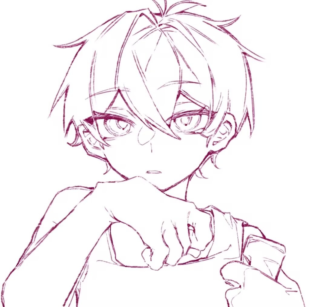 omori (omori), omori, chinese commentary, commentary request, 1boy, aegyo sal, antenna hair, bare arms, bare shoulders, double-parted bangs, hair behind ear, hair between eyes, hair intakes, hand on own chin, hands up, holding, holding knife, knife, lineart, looking at viewer, male focus, mellocaa, monochrome, parted lips, portrait, shirt, short hair, simple background, solo, straight-on, tank top, tsurime, very short hair, white background