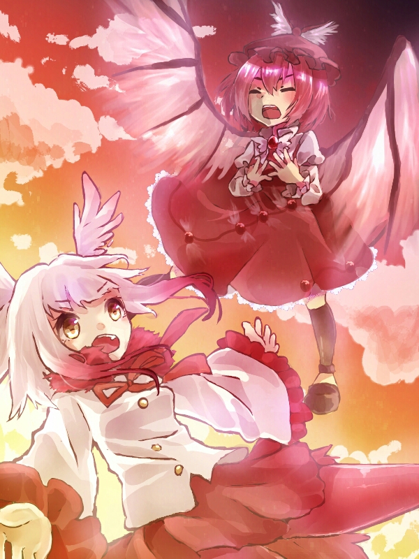 shinjitsu no kuchi, japanese crested ibis (kemono friends), mystia lorelei, kemono friends, touhou, commentary request, 2girls, brown dress, brown hat, closed eyes, cloud, crossover, dress, feathered wings, frilled sleeves, frills, full body, hat, long sleeves, mob cap, multiple girls, open mouth, orange sky, pantyhose, pink hair, purple wings, red pantyhose, red skirt, shirt, short hair, skirt, sky, white hair, white shirt, wings, yellow eyes