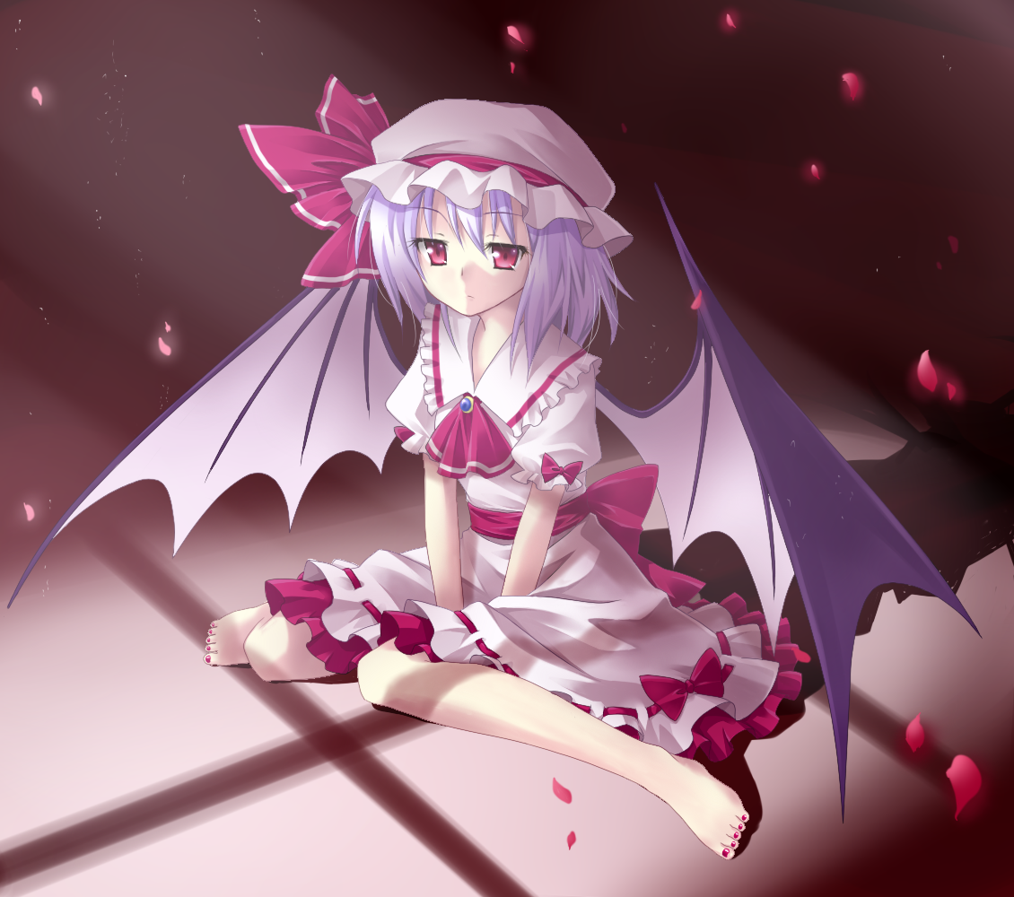mikage kannazuki, remilia scarlet, touhou, light purple hair, bad id, bad pixiv id, 1girl, barefoot, bat wings, dress, feet, female focus, hat, nail polish, pink eyes, pink nails, short hair, sitting, solo, toenail polish, toenails, wings