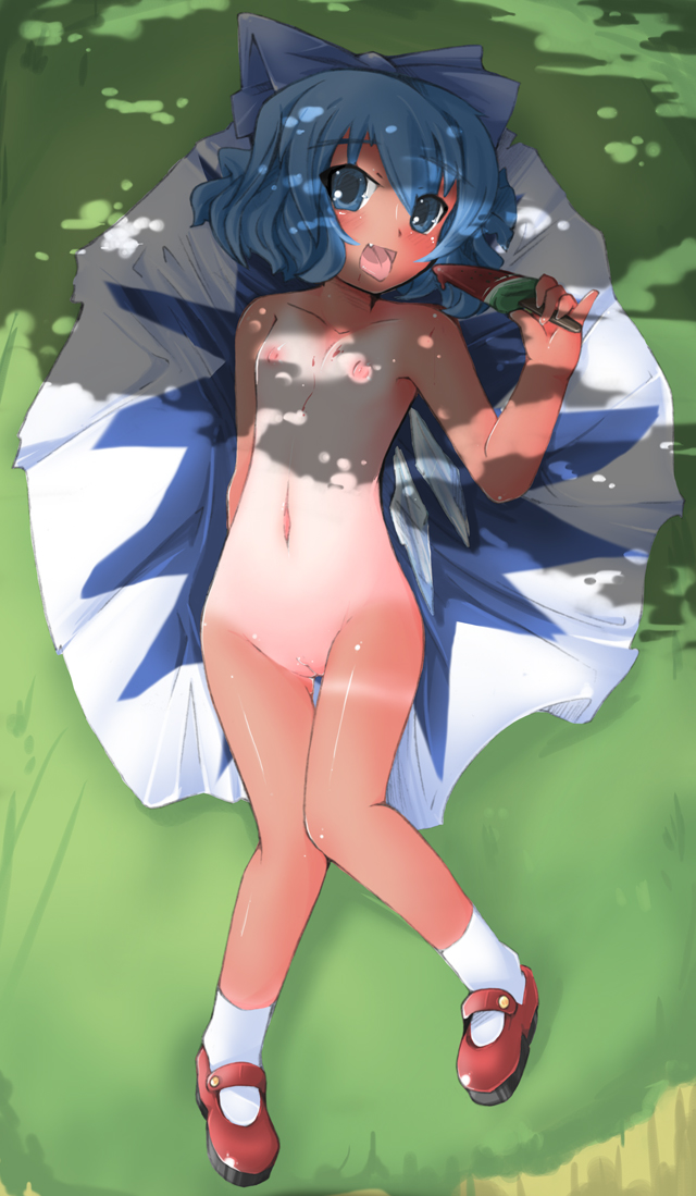 naik, cirno, embodiment of scarlet devil, touhou, 1girl, blue bow, blue eyes, blue hair, blush, bow, breasts, cleft of venus, facing viewer, fang, female focus, flat chest, food, full body, grass, hair bow, knees together feet apart, loli, looking at viewer, lying, mary janes, matching hair/eyes, nipples, nude, on floor, on grass, on ground, one-piece tan, open mouth, outdoors, pinky out, popsicle, pussy, shoes, short hair, smile, socks, solo, tan, tanline, tongue, uncensored, watermelon bar, white socks, wings, zenra