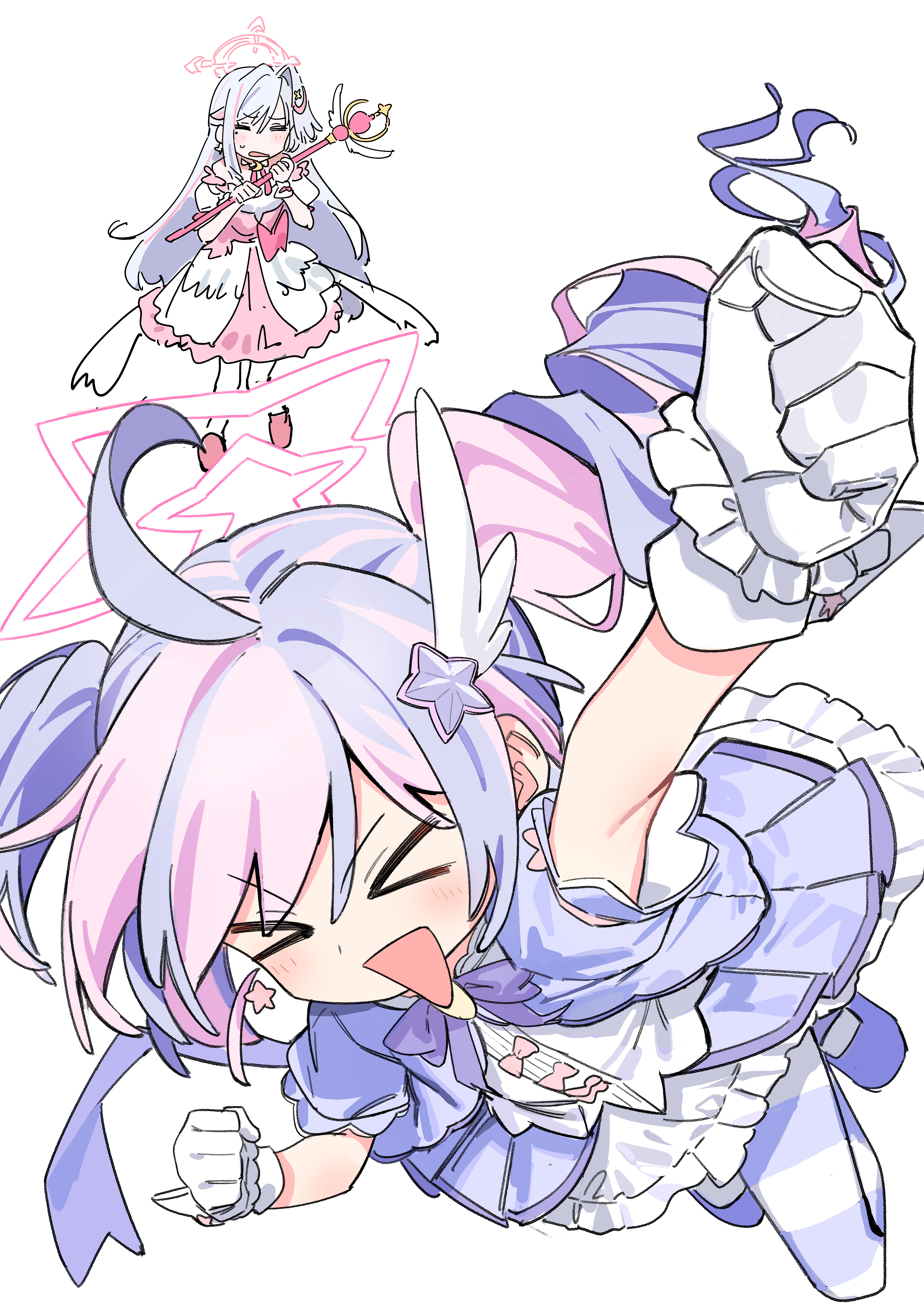 haruyuki (gffewuoutgblubh), reisa (blue archive), reisa (magical) (blue archive), suzumi (blue archive), suzumi (magical) (blue archive), blue archive, absurdres, highres, > <, 2girls, :d, ahoge, alternate costume, bare shoulders, blue hair, blush, bow, bowtie, clenched hand, clenched hands, closed eyes, cosplay, curly hair, detached sleeves, dress, drill hair, earrings, floating clothes, full body, gloves, hair between eyes, hair ornament, halo, hand up, holding, holding staff, jewelry, logo, long hair, looking at viewer, mage staff, magical girl, multicolored hair, multicolored thighhighs, multiple girls, official alternate costume, official alternate hairstyle, open mouth, pantyhose, pink bow, pink hair, pink halo, pink shoes, puffy short sleeves, puffy sleeves, purple bow, purple bowtie, purple eyes, purple hair, purple pantyhose, purple shoes, request inset, shoes, short sleeves, simple background, sketch, smile, staff, star (symbol), star earrings, star hair ornament, star halo, strapless, strapless dress, streaked hair, striped clothes, striped pantyhose, sweat, symbol in eye, thighhighs, triangle mouth, twintails, two-tone hair, v-shaped eyebrows, very long hair, wavy mouth, white background, white dress, white gloves, white hair, white thighhighs, winged shoes, wings, xd