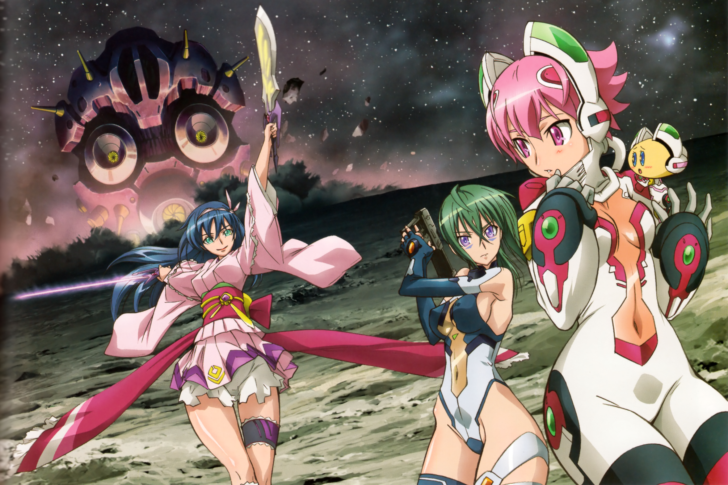 kabashima yousuke, kannagi itsuki, nerval, shishidou akiha, shishidou imoko, shishidou takane, sora wo kakeru shoujo, blue legwear, highres, official art, scan, 00s, 4girls, :o, ahoge, aqua eyes, arm up, armpits, bare shoulders, blue eyes, blue gloves, blue hair, blush, bodysuit, breasts, colored skin, covered erect nipples, covered navel, dual wielding, dutch angle, facial mark, fingerless gloves, flipped hair, floating hair, frilled thigh strap, frills, gem, gloves, glowing, glowing sword, glowing weapon, green eyes, green hair, groin, gun, hair between eyes, hair ornament, helmet, highleg, highleg leotard, hip bones, holding, japanese clothes, kimono, leotard, light smile, lolita fashion, long hair, long sleeves, looking at viewer, mecha, multiple girls, night, night sky, obi, outdoors, parted lips, petticoat, pink eyes, pink hair, pleated skirt, purple eyes, robot, rock, sash, short hair, siblings, sideboob, sisters, size difference, skirt, sky, smile, standing, star (sky), starry sky, sword, thigh gap, thigh strap, thighhighs, turtleneck, wa lolita, weapon, wide sleeves, yellow skin