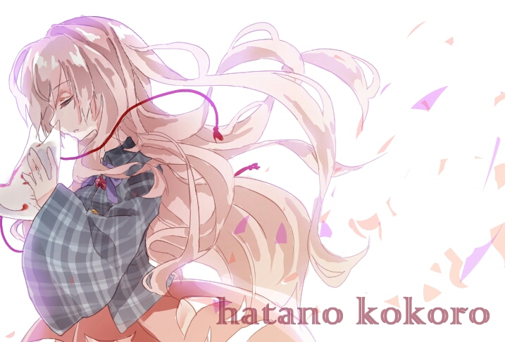 shinjitsu no kuchi, hata no kokoro, touhou, commentary request, 1girl, blue shirt, character name, closed eyes, collared shirt, floating hair, fox mask, long hair, mask, one-hour drawing challenge, pink hair, pink skirt, plaid clothes, plaid shirt, profile, shirt, skirt, skirt cutout, solo, upper body, white background, wind