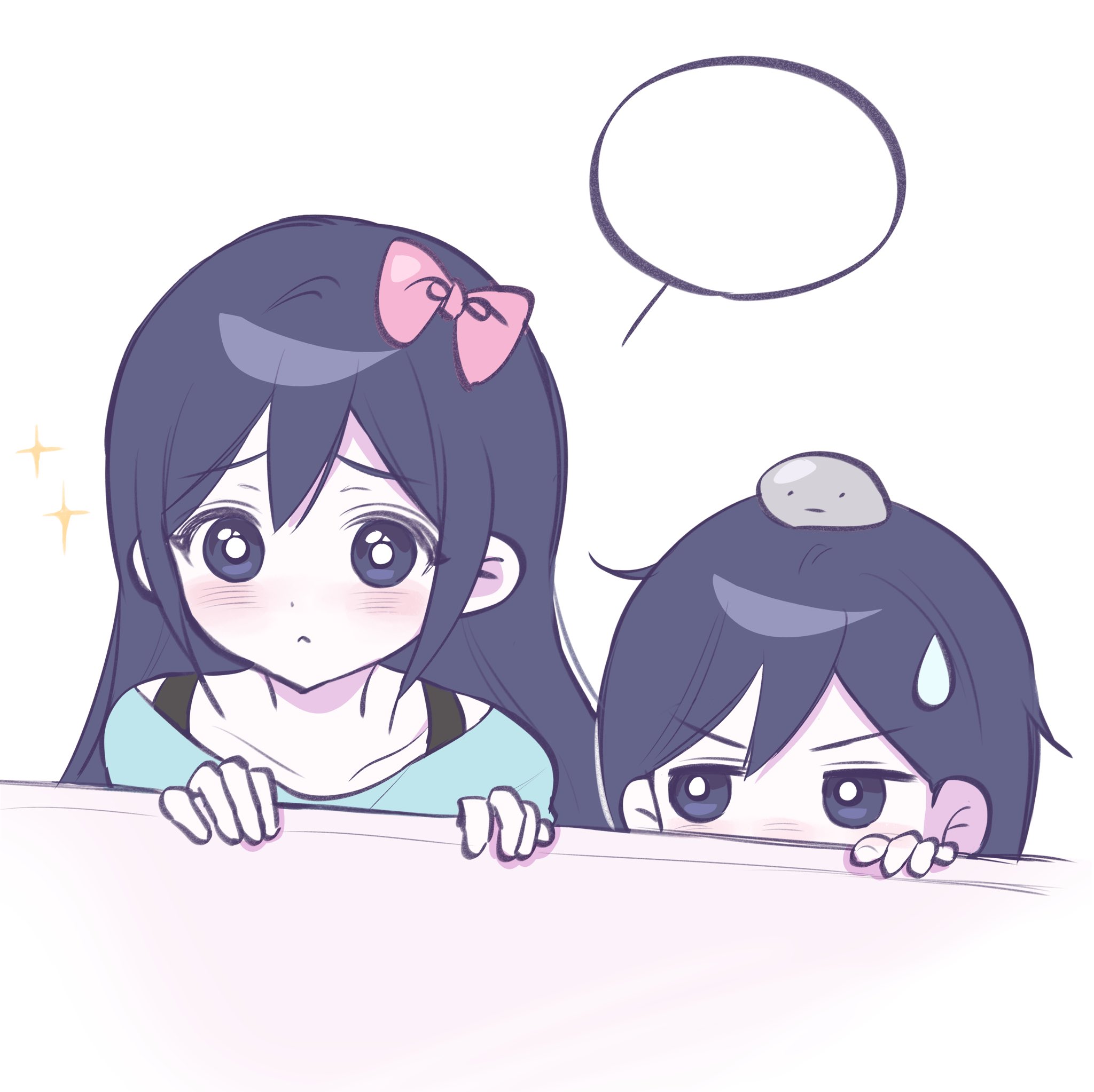 wktdms1, aubrey (headspace) (omori), aubrey (omori), hector (omori), kel (headspace) (omori), kel (omori), omori, commentary request, highres, korean commentary, 1boy, 1girl, blank speech bubble, blush, bow, bra strap, bright pupils, closed mouth, collarbone, colored skin, double-parted bangs, hair between eyes, hair bow, long hair, looking at another, looking at viewer, pet rock, pink bow, purple eyes, purple hair, short hair, sidelocks, simple background, sparkle, speech bubble, sweatdrop, white background, white pupils, white skin