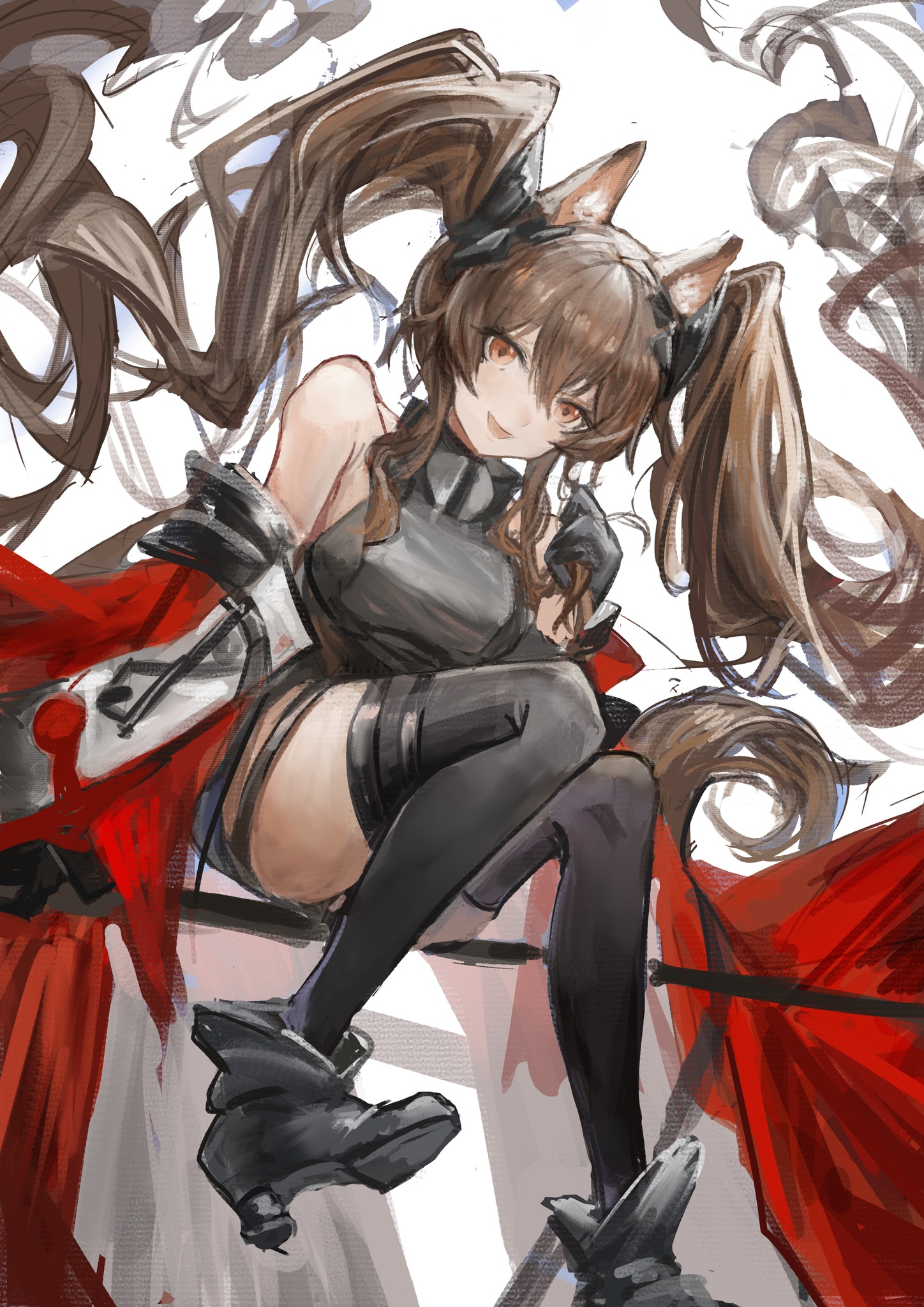 angelina (arknights), gilberta (arknights), arknights, arknights: endfield, commentary, highres, 1girl, :d, absurdly long hair, animal ear fluff, animal ears, baishi (user ttfj7553), bare shoulders, black boots, black gloves, black thighhighs, boots, breasts, brown hair, clothes down, coat, dress, fold-over boots, foot out of frame, fox ears, fox girl, gloves, grey dress, hair between eyes, hands in own hair, headgear, high collar, impossible clothes, impossible dress, long hair, long sidelocks, long sleeves, looking at viewer, medium breasts, open clothes, open coat, open mouth, orange eyes, red coat, short dress, sidelocks, simple background, smile, solo, thighhighs, twintails, very long hair, white background