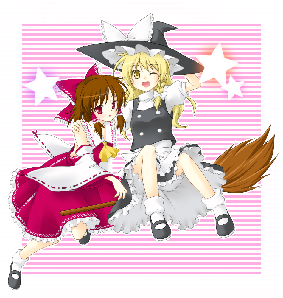 mikage kannazuki, hakurei reimu, kirisame marisa, touhou, bad id, bad pixiv id, 2girls, blonde hair, bow, braid, broom, brown hair, detached sleeves, female focus, hair bow, hat, japanese clothes, miko, multiple girls, red eyes, short hair, witch, witch hat, yellow eyes