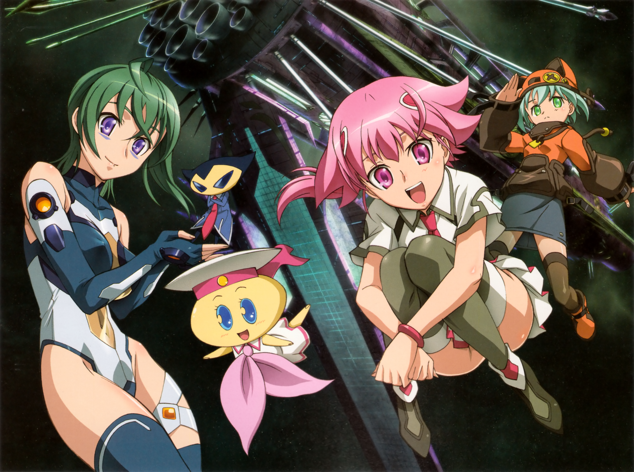 kabashima yousuke, kannagi itsuki, kawai honoka, leopard (sorakake), shishidou akiha, shishidou imoko, soldier ul, sora wo kakeru shoujo, blue legwear, brown legwear, grey legwear, highres, official art, scan, 00s, 1boy, 3d, 4girls, ahoge, animal ears, ankle boots, aqua hair, arm up, bare shoulders, binding discoloration, black eyes, black hair, blue eyes, blue gloves, body blush, boots, bracelet, breasts, buttons, cat ears, censored, clenched hands, coat, colored skin, convenient censoring, convenient leg, covered erect nipples, covered navel, crossed arms, dress, elbow gloves, facial mark, fake animal ears, fingerless gloves, floating hair, flying, gloves, green boots, green eyes, green hair, groin, hat, helmet, highleg, highleg leotard, hip bones, holding, hugging own legs, jewelry, large buttons, leotard, long hair, long sleeves, mecha, medium breasts, miniskirt, multiple girls, necktie, no panties, outstretched arm, pencil skirt, pink eyes, pink hair, pleated skirt, ponytail, purple eyes, red eyes, robot, salute, school uniform, shirt, short hair, short sleeves, sitting, size difference, skirt, sleeves past wrists, smile, space, standing, thigh strap, thighhighs, turtleneck, yellow skin, zettai ryouiki