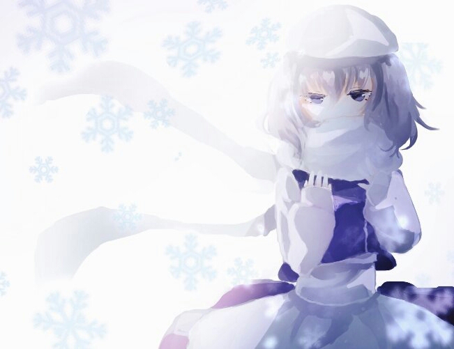 shinjitsu no kuchi, letty whiterock, touhou, commentary request, 1girl, cowboy shot, dress, grey hair, hat, long sleeves, looking at viewer, medium hair, mob cap, purple eyes, purple vest, scarf, simple background, snowflakes, solo, vest, white background, white dress, white hat, white scarf