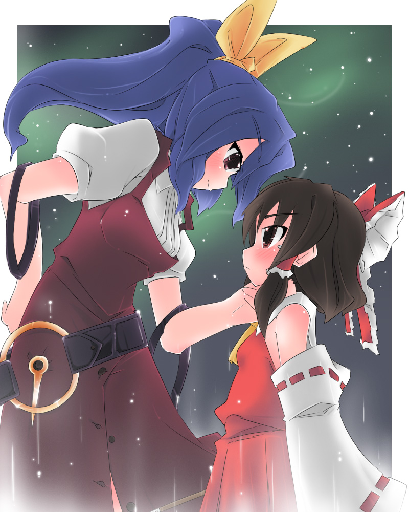 naik, hakurei reimu, watatsuki no yorihime, touhou, 2girls, belt, bow, brown hair, detached sleeves, female focus, hair bow, japanese clothes, long hair, miko, multiple girls, ponytail, purple hair, red eyes, short hair, you gonna get raped