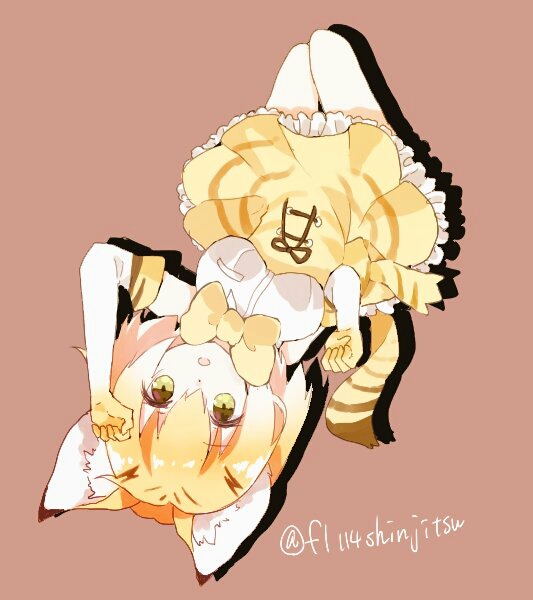 shinjitsu no kuchi, sand cat (kemono friends), kemono friends, commentary request, 1girl, animal ear fluff, animal ears, blonde hair, bow, bowtie, breasts, brown background, cat ears, cat girl, cat tail, elbow gloves, frilled skirt, frills, full body, gloves, looking at viewer, medium breasts, open mouth, shirt, short hair, simple background, skirt, sleeveless, sleeveless shirt, solo, tail, upside-down, white gloves, white shirt, yellow bow, yellow bowtie, yellow eyes, yellow skirt