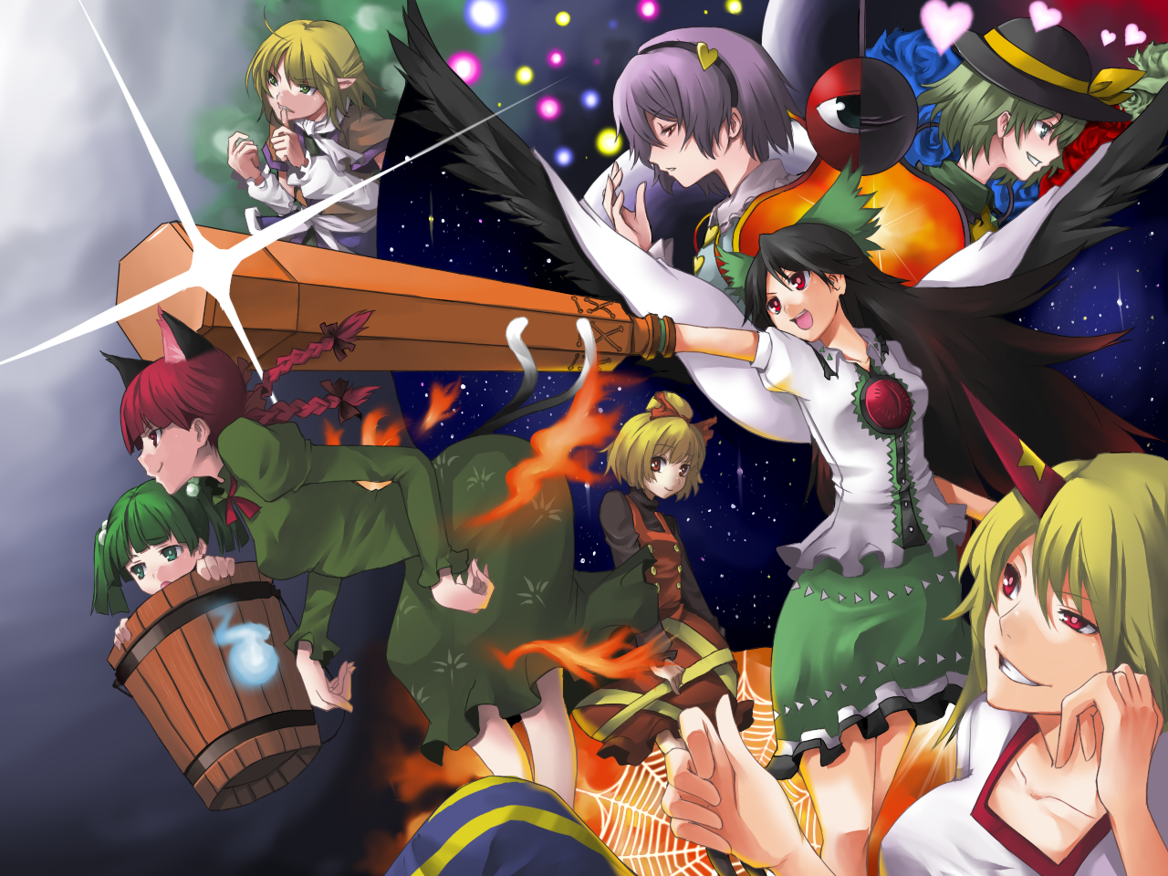 hitoto, hoshiguma yuugi, kaenbyou rin, kisume, komeiji koishi, komeiji satori, kurodani yamame, mizuhashi parsee, reiuji utsuho, subterranean animism, touhou, bad id, bad pixiv id, 6+girls, arm cannon, biting, black hair, blonde hair, braid, brown eyes, bucket, everyone, female focus, green eyes, green hair, hairband, hat, heart, horns, in bucket, in container, long hair, multiple girls, pointy ears, purple hair, red eyes, red hair, ribbon, short hair, silk, single horn, spider web, star (symbol), third eye, twin braids, twintails, weapon, wings