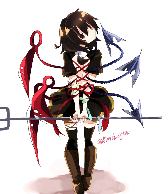 shinjitsu no kuchi, houjuu nue, touhou, commentary request, 1girl, arms behind back, asymmetrical wings, back, backless dress, backless outfit, black dress, black thighhighs, blue wings, boots, brown boots, brown hair, closed mouth, dress, expressionless, full body, holding, holding polearm, holding weapon, looking at viewer, looking back, one-hour drawing challenge, polearm, red eyes, red wings, short hair, short sleeves, simple background, snake, solo, standing, thighhighs, trident, twitter username, weapon, white background, wings