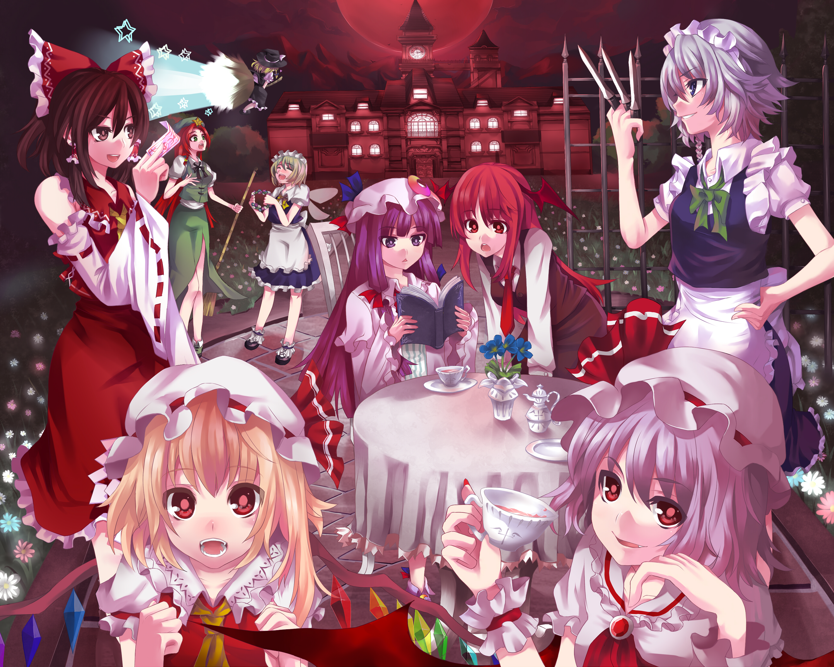 hitoto, fairy maid (touhou), flandre scarlet, hakurei reimu, hong meiling, izayoi sakuya, kirisame marisa, koakuma, patchouli knowledge, remilia scarlet, embodiment of scarlet devil, touhou, silver hair, bad id, bad pixiv id, highres, 6+girls, bamboo broom, bat wings, blonde hair, blue eyes, book, broom, broom riding, brown eyes, brown hair, cup, detached sleeves, fairy, fangs, female focus, flower, full moon, green eyes, hairband, hat, knife, looking at viewer, maid, moon, multiple girls, nature, ofuda, open book, outdoors, plant, purple eyes, purple hair, reading, red eyes, red moon, ribbon, scarlet devil mansion, short hair, sky, teacup, triangle mouth, upper body, wings, wreath, wrist cuffs
