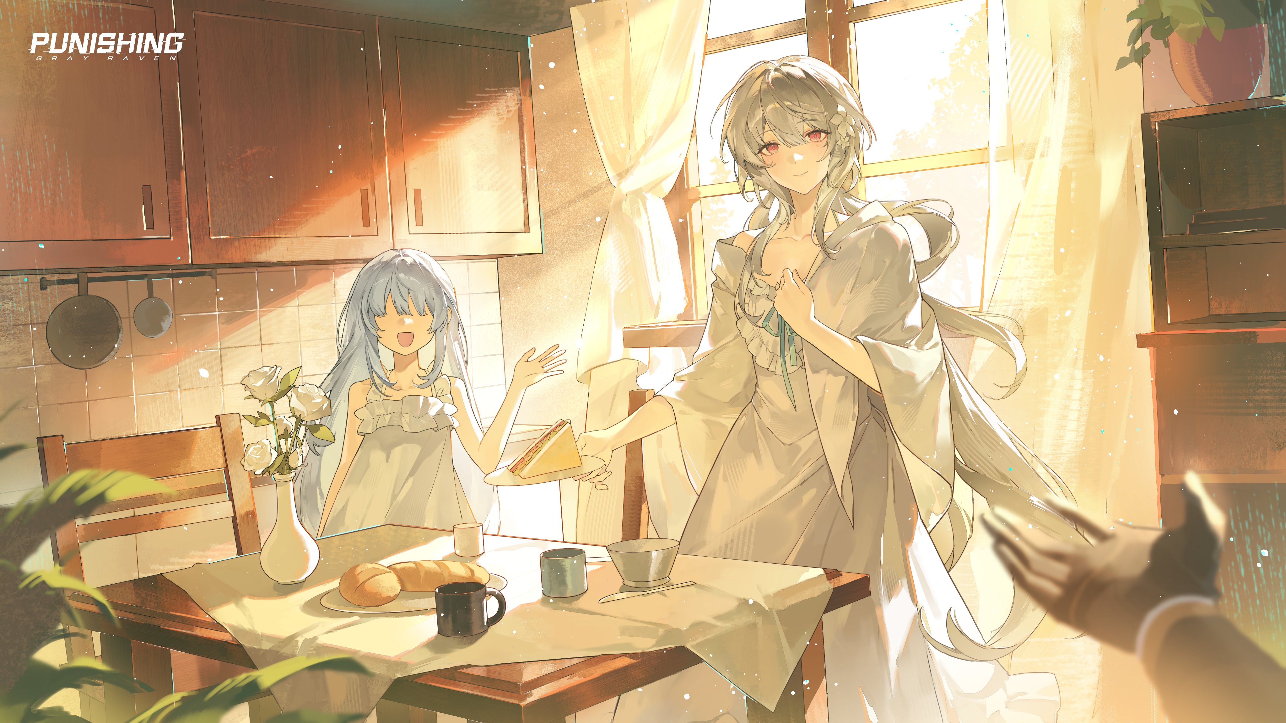 liv (pgr), punishing: gray raven, absurdres, highres, official art, 1other, 2girls, bread, butter knife, chair, copyright name, cup, curtains, drawer, dress, flower, food, frilled dress, frills, holding, holding plate, indoors, knife, long hair, mug, multiple girls, plant, plate, potted plant, rose, sandwich, sleeveless, sleeveless dress, standing, table, tile wall, tiles, vase, white dress, white flower, white hair, white rose, window