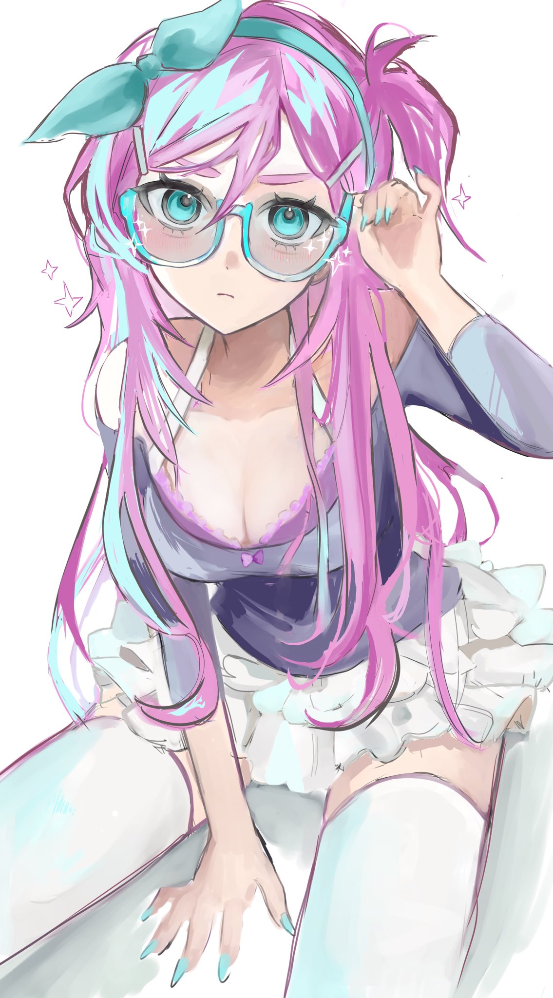 aubrey (faraway) (omori), aubrey (omori), omori, hashtag-only commentary, highres, 1girl, adjusting eyewear, aegyo sal, alternate costume, alternate hairstyle, arm between legs, arm support, arm up, blue-framed eyewear, blue eyes, blue hairband, bra, bra peek, breasts, cleavage, cowboy shot, frilled bra, frills, from above, hairband, large breasts, long hair, long sleeves, looking at viewer, pink bra, pink hair, semi-rimless eyewear, sitting, skirt, solo, sunglasses, thighhighs, under-rim eyewear, underwear, waiwaisiyo ze, wariza, white skirt, white thighhighs, zettai ryouiki
