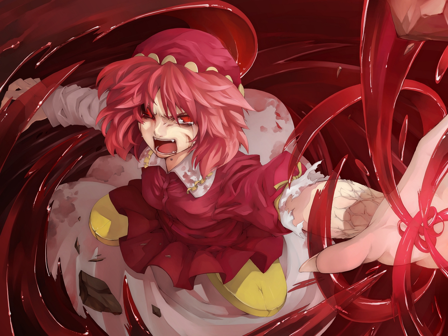 morino hon, kawashiro mitori, original, touhou, 1girl, angry, blood, crying, crying with eyes open, female focus, hat, layered sleeves, pink hair, red eyes, skirt, solo, tears