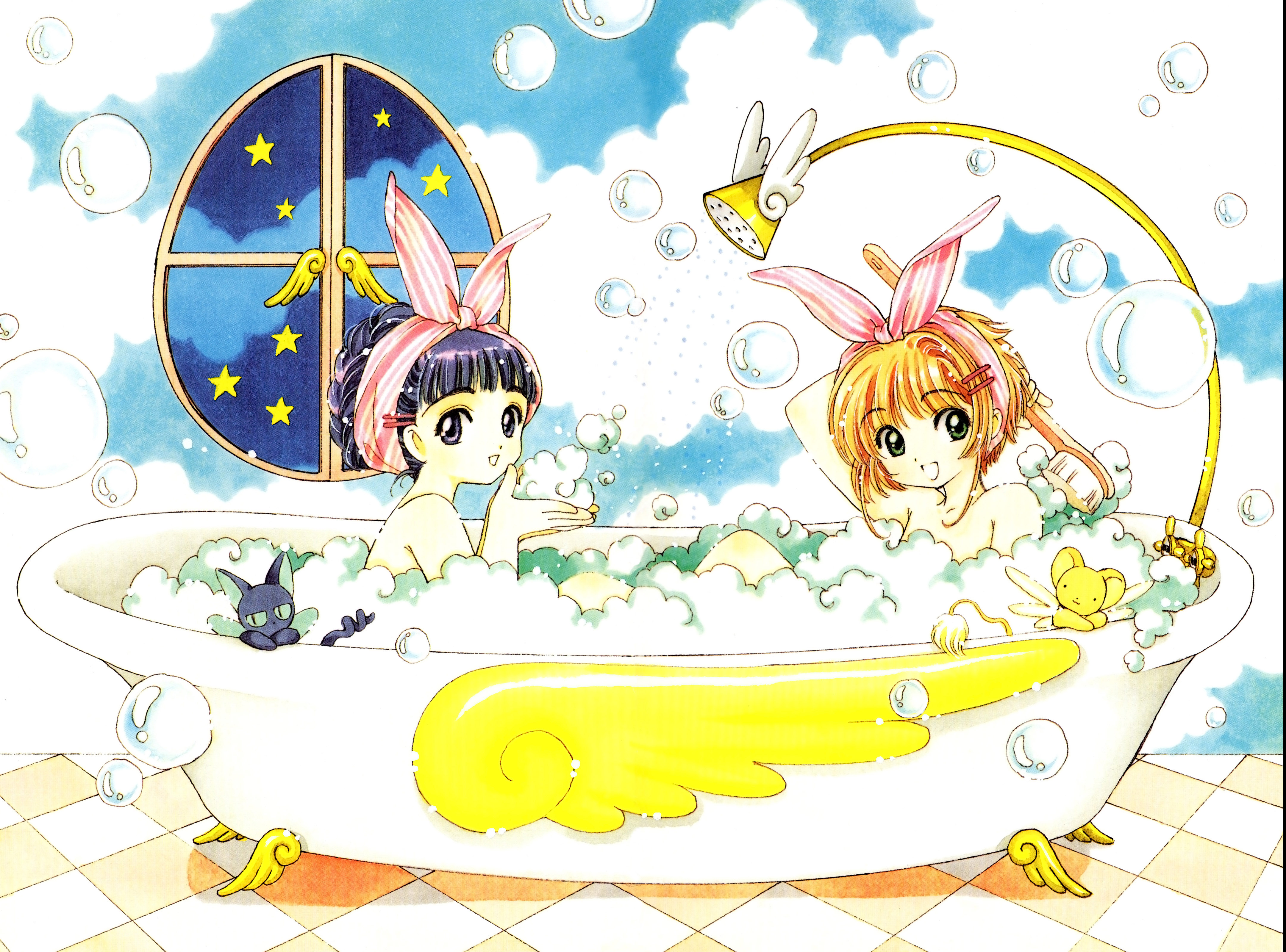 clamp, daidouji tomoyo, kero (cardcaptor sakura), kinomoto sakura, spinel sun, suppi, cardcaptor sakura, absurdres, highres, 1990s (style), 2girls, back scrubber, bath, bathing, bathtub, blunt bangs, braid, bubble, checkered floor, child, indoors, multiple girls, retro artstyle, same-sex bathing, shared bathing