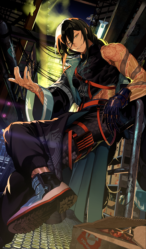 ororooops, yan qing (fate), fate/grand order, fate (series), commentary request, game cg, official art, third-party source, 1boy, arm tattoo, black hair, braid, chinese clothes, crossed legs, dutch angle, final halloween 2025, foot out of frame, gloves, hair between eyes, jacket, jacket partially removed, leaning back, long hair, male focus, midriff peek, night, official alternate costume, outdoors, pants, parted lips, shirt, sidelocks, single bare arm, single glove, sleeveless, sleeveless shirt, smile, solo, tattoo, tattoo sleeve, toned, toned male, yellow eyes