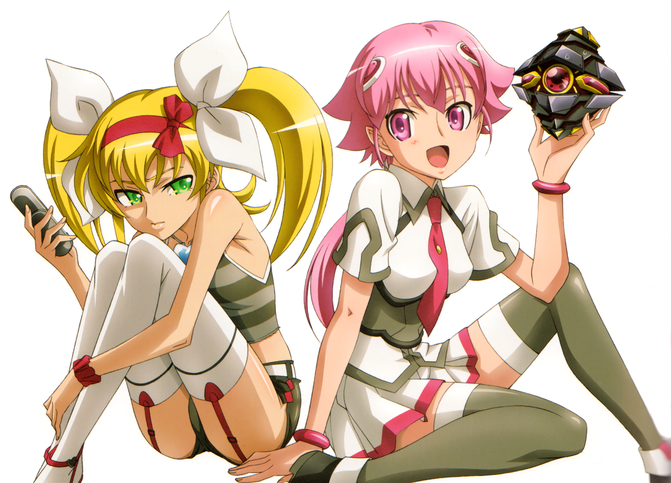 inayoshi asako, leopard (sorakake), shishidou akiha, shishidou nami, sora wo kakeru shoujo, black legwear, striped, highres, 00s, 2girls, armpits, blonde hair, blouse, bracelet, camisole, cellphone, green eyes, grey camisole, heart, heart necklace, invisible chair, jewelry, legs together, leopard, long hair, low ponytail, midriff, miniskirt, multiple girls, necklace, necktie, phone, pink eyes, pink hair, ponytail, school uniform, scowl, shirt, short shorts, shorts, siblings, simple background, sisters, sitting, skirt, thighhighs, twintails, v-shaped eyebrows, white background, white shirt, white thighhighs, zettai ryouiki