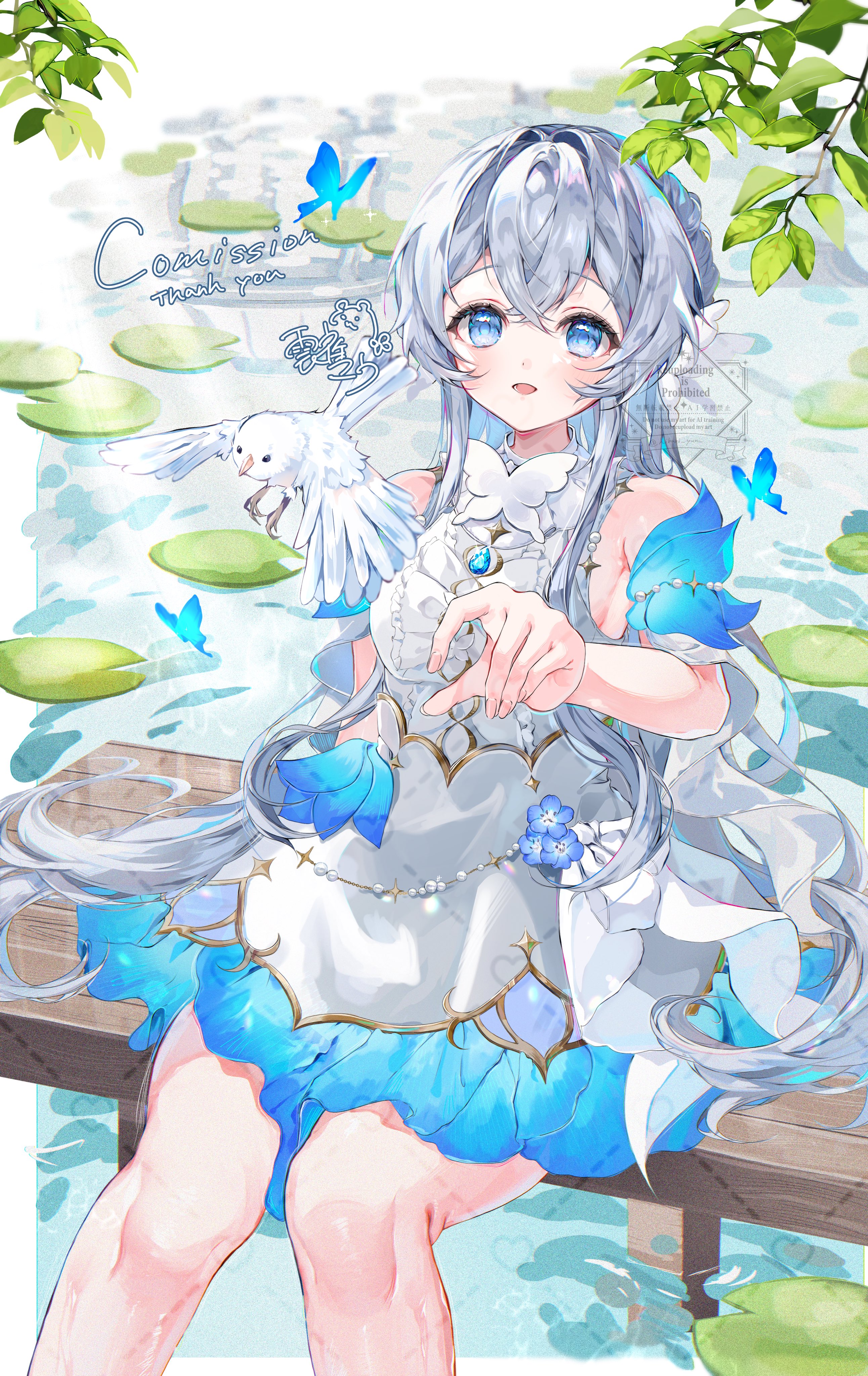 hibari yuu, original, absurdres, commission, highres, skeb commission, 1girl, bare shoulders, bird, blue butterfly, blue dress, blue eyes, blue flower, bug, butterfly, dress, flower, grey hair, insect, lily pad, long hair, multicolored dress, open mouth, sitting, sleeveless, sleeveless dress, solo, water, white bird, white dress
