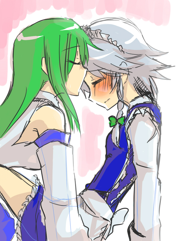 147, izayoi sakuya, kochiya sanae, touhou, silver hair, 2girls, blush, female focus, green hair, kiss, multiple girls, yuri