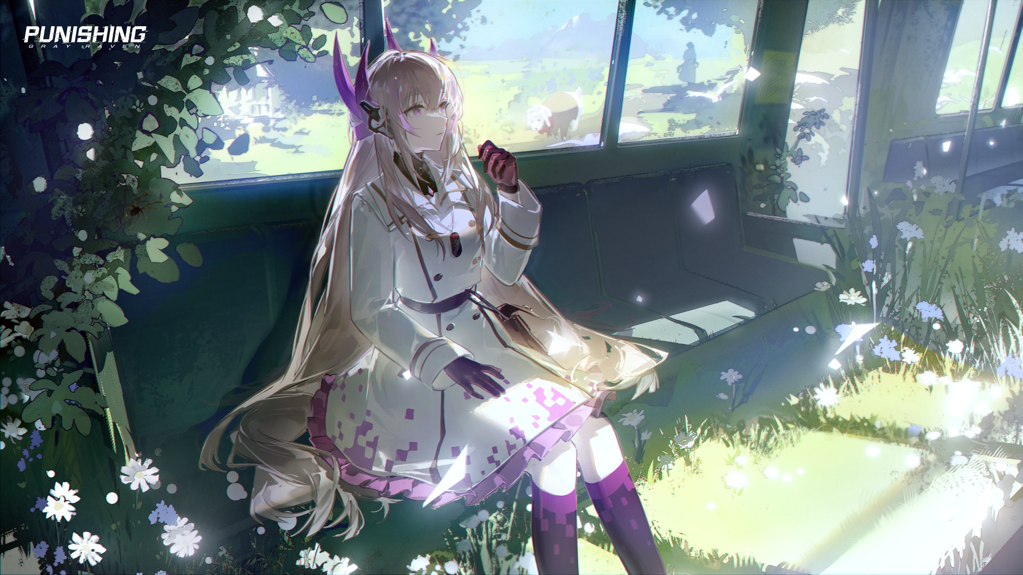 liv: eclipse (pgr), liv (pgr), punishing: gray raven, absurdres, commentary, english commentary, highres, official art, 1girl, 1other, arm up, black gloves, black socks, closed mouth, collared dress, copyright name, dress, feet out of frame, flower, frilled skirt, frills, gloves, headgear, long sleeves, looking up, multicolored hair, name tag, overgrown, pink eyes, pink streaks, sheep, sitting, skirt, socks, solo focus, streaked hair, striped clothes, train interior, vertical-striped clothes, white dress, white flower, white hair