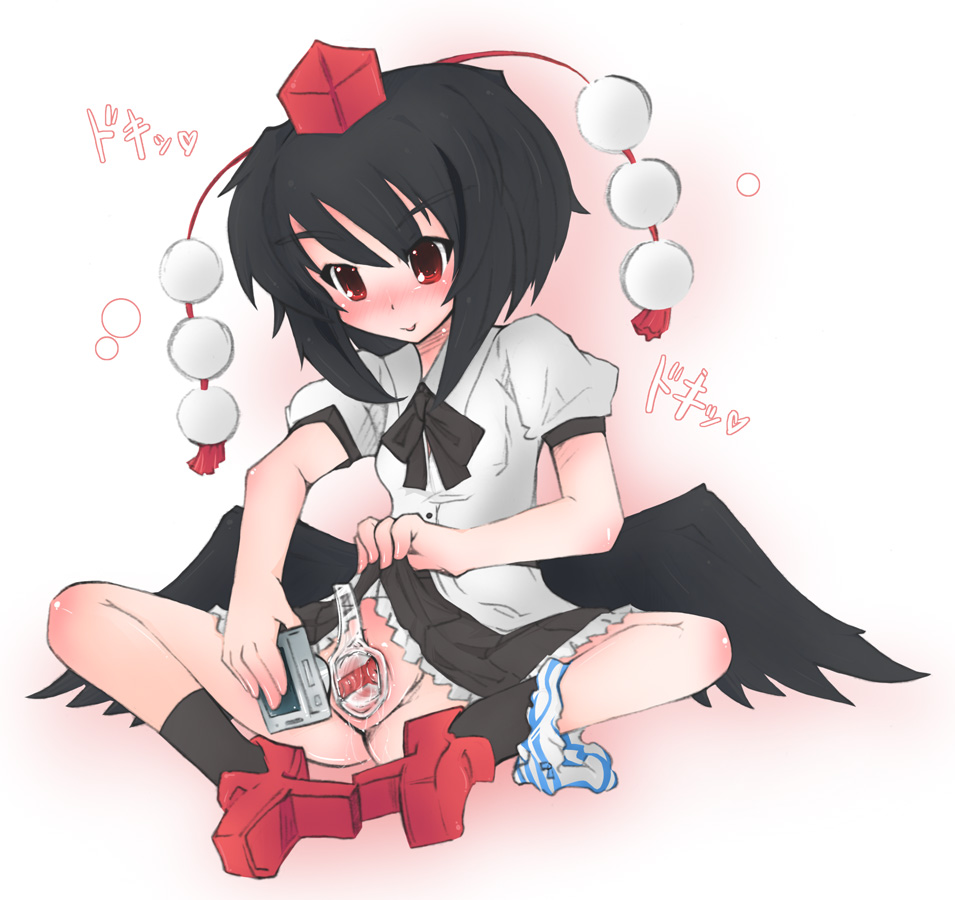 naik, shameimaru aya, touhou, self exposure, 1girl, :>, black hair, black skirt, black socks, black wings, blouse, blush, body exploration, camera, cervix, collared shirt, female focus, full body, geta, hat, knees apart feet together, lifting own clothes, looking down, panties, panties around leg, pussy, red eyes, red hat, selfie, shirt, short hair, simple background, sitting, skirt, smile, socks, solo, speculum, spread legs, spread pussy, striped clothes, striped panties, tengu-geta, tokin hat, uncensored, underwear, white background, white shirt, wings