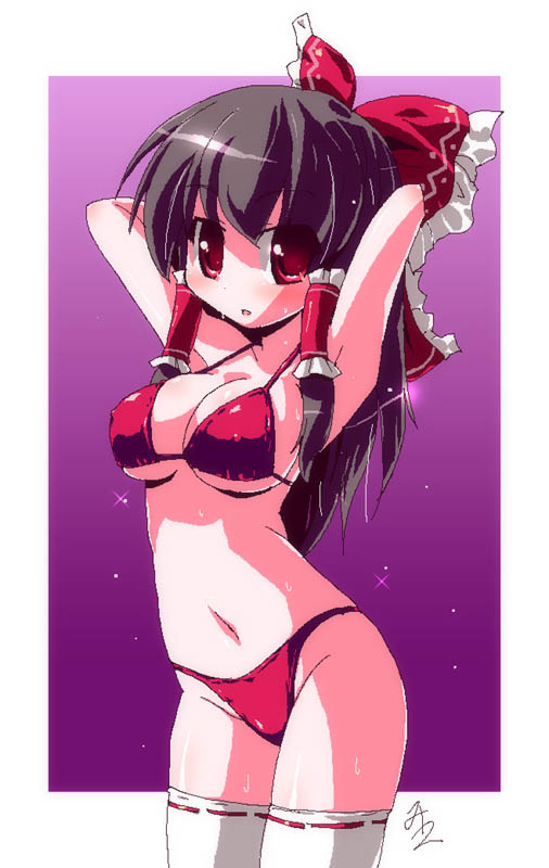 miuku (marine sapphire), hakurei reimu, touhou, 1girl, armpits, arms behind head, arms up, bikini, female focus, red bikini, ribbon, solo, swimsuit, thighhighs