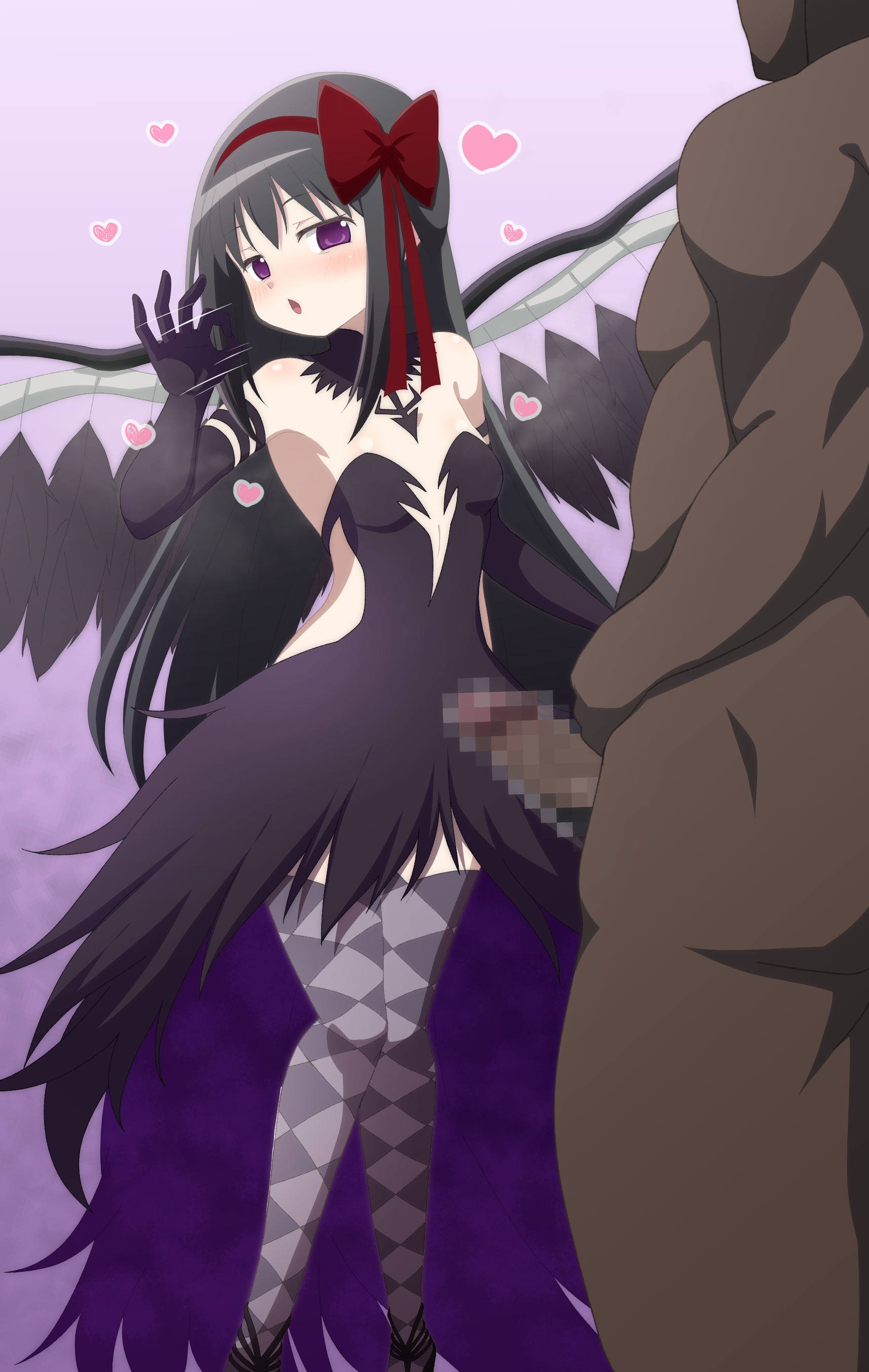 shuruken (yuumo), akemi homura, akuma homura, mahou shoujo madoka magica, absurdres, highres, variant set, 1boy, 1girl, age difference, bare shoulders, black collar, black dress, black feathers, black hair, black sleeves, black wings, blush, bow, censored, clothed female nude male, collar, completely nude, dark-skinned male, dark skin, detached collar, detached sleeves, diamond (shape), dress, feathers, hair bow, heart, hetero, high heels, interracial, legs, legs together, long dress, long hair, mosaic censoring, nude, off shoulder, ok sign, pale skin, penis, purple background, purple dress, purple eyes, red bow, skirt, standing, thighhighs, very long hair, wings