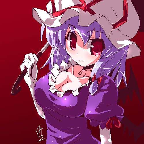 miuku (marine sapphire), remilia scarlet, yakumo yukari, touhou, lowres, 1girl, blue hair, cosplay, female focus, hat, mob cap, ribbon, solo, yakumo yukari (cosplay)