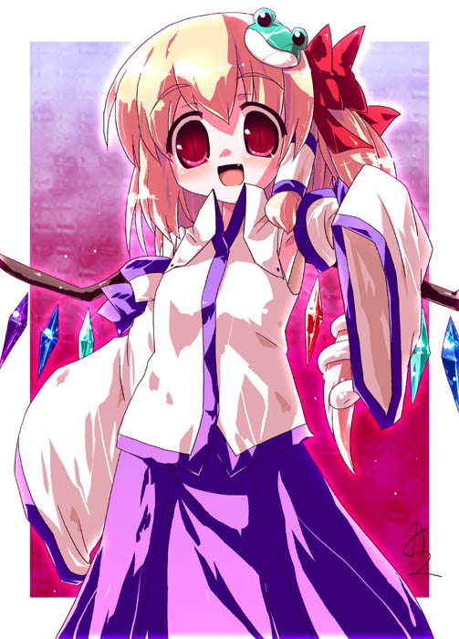 miuku (marine sapphire), flandre scarlet, kochiya sanae, touhou, 1girl, blonde hair, blouse, collared shirt, cosplay, female focus, gradient background, hair between eyes, if they mated, kochiya sanae (cosplay), pink background, red eyes, ribbon, shirt, sleeveless, sleeveless shirt, solo