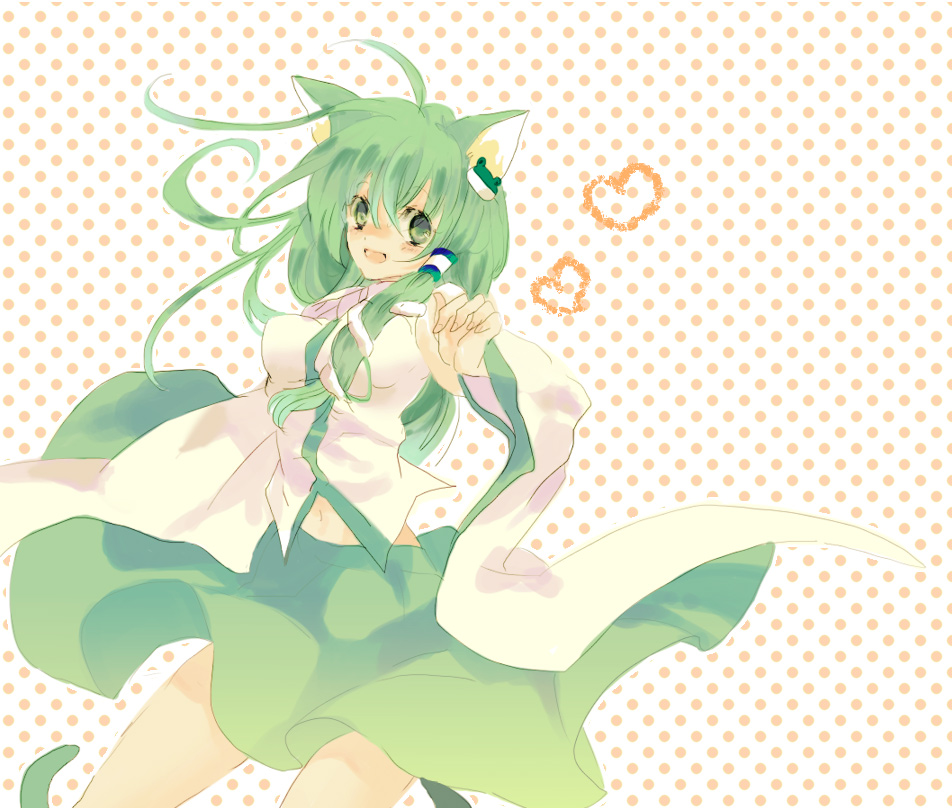 yukirar, kochiya sanae, touhou, bad id, bad pixiv id, 1girl, ahoge, animal ears, blush, cat ears, cat girl, female focus, green eyes, green hair, happy, heart, kemonomimi mode, long hair, matching hair/eyes, open mouth, polka dot, polka dot background, smile, solo