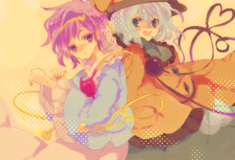 yukirar, komeiji koishi, komeiji satori, touhou, silver hair, bad id, bad pixiv id, 2girls, female focus, green hair, hat, heart, heart of string, multiple girls, purple eyes, purple hair, ribbon, short hair, siblings, sisters