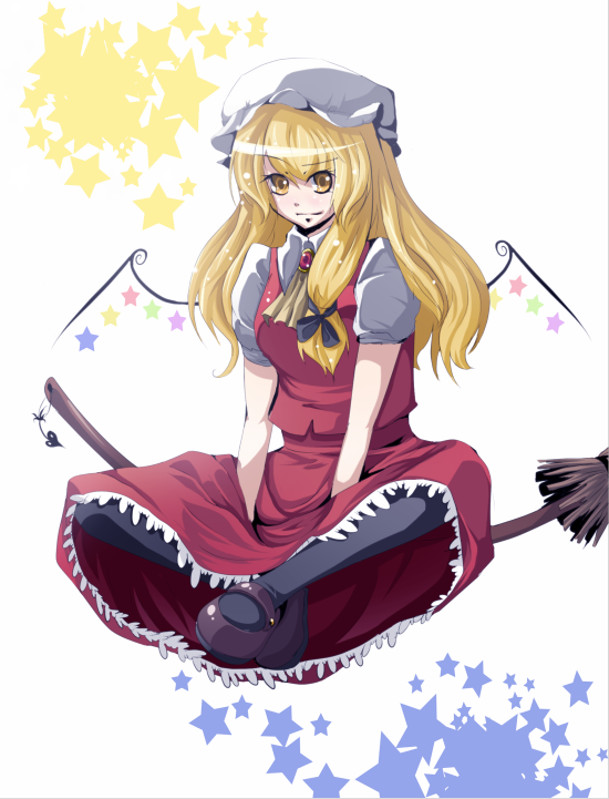 lion nicole, nicole (lion), flandre scarlet, kirisame marisa, touhou, bad id, bad pixiv id, 1girl, blonde hair, broom, broom riding, female focus, full body, hat, if they mated, mary janes, pantyhose, raised eyebrow, red eyes, shoes, short hair, simple background, solo, star (symbol), white background, wings, yellow eyes