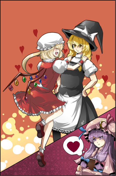 lion nicole, nicole (lion), flandre scarlet, kirisame marisa, patchouli knowledge, touhou, bad id, bad pixiv id, 3girls, blonde hair, book, braid, female focus, hat, long hair, multiple girls, ponytail, purple eyes, purple hair, short hair, side ponytail, wings, witch, witch hat, yellow eyes