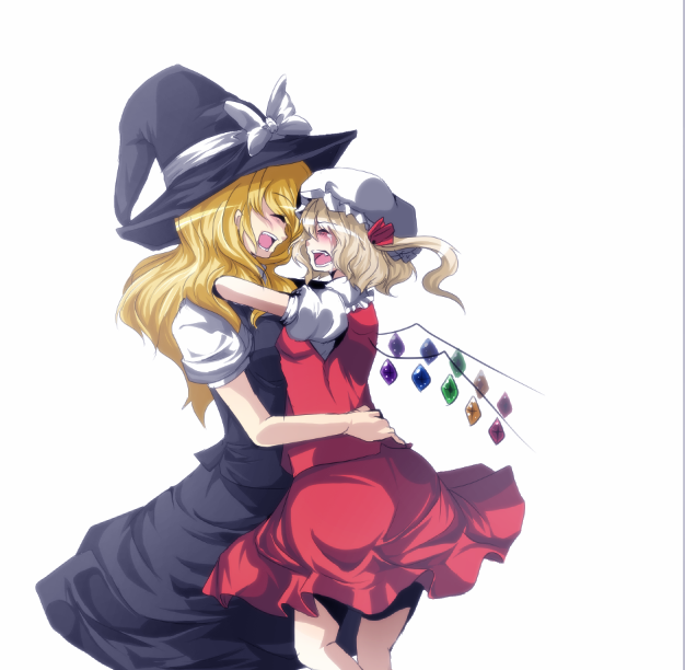 lion nicole, nicole (lion), flandre scarlet, kirisame marisa, touhou, bad id, bad pixiv id, 2girls, blonde hair, female focus, multiple girls, tears