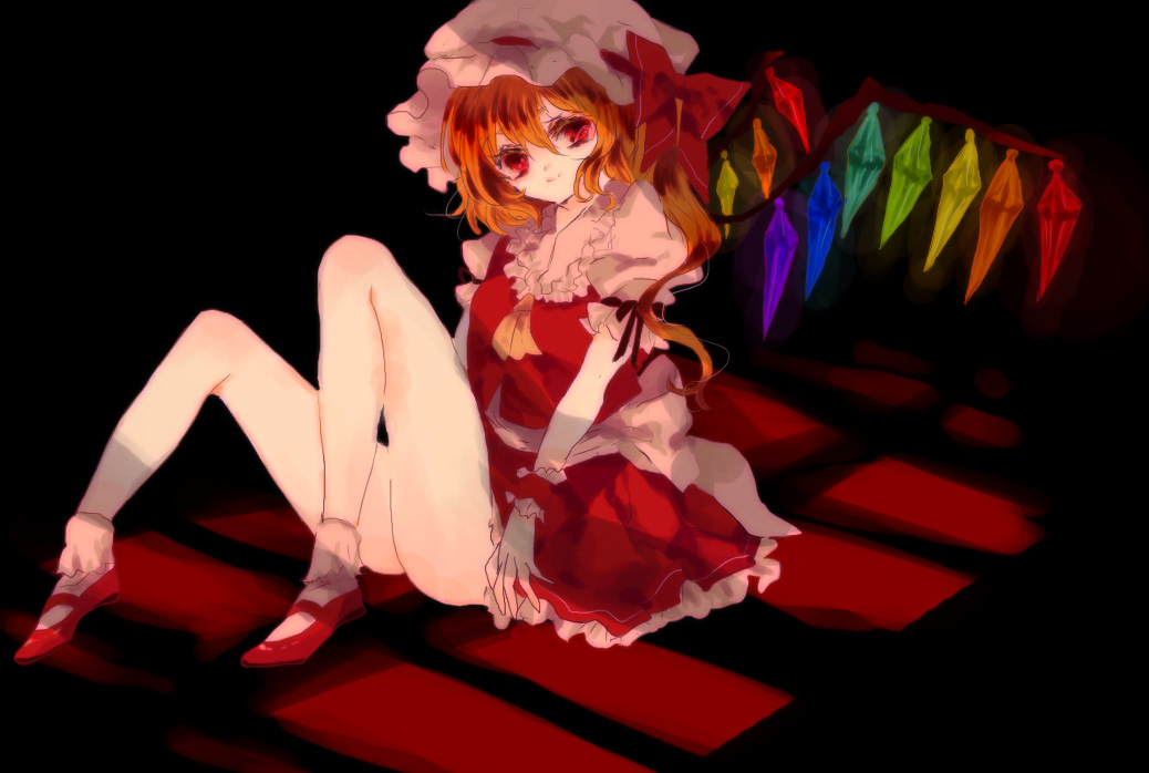 yukirar, flandre scarlet, touhou, bad id, bad pixiv id, 1girl, ass, black background, blouse, collared shirt, female focus, full body, hair between eyes, hat, indoors, mob cap, red shoes, ribbon, shirt, shoes, sitting, socks, solo, white hat, white shirt, white socks, wings