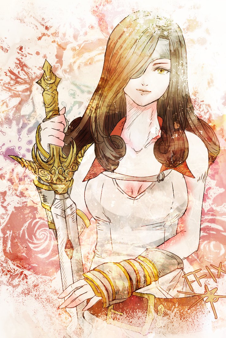 ruka (blueplus84), beatrix (ff9), final fantasy, final fantasy ix, 1girl, belt, breasts, brown hair, cleavage, collarbone, copyright name, curly hair, eyepatch, holding, holding sword, holding weapon, long hair, looking at viewer, medium breasts, red belt, solo, sword, weapon, yellow eyes