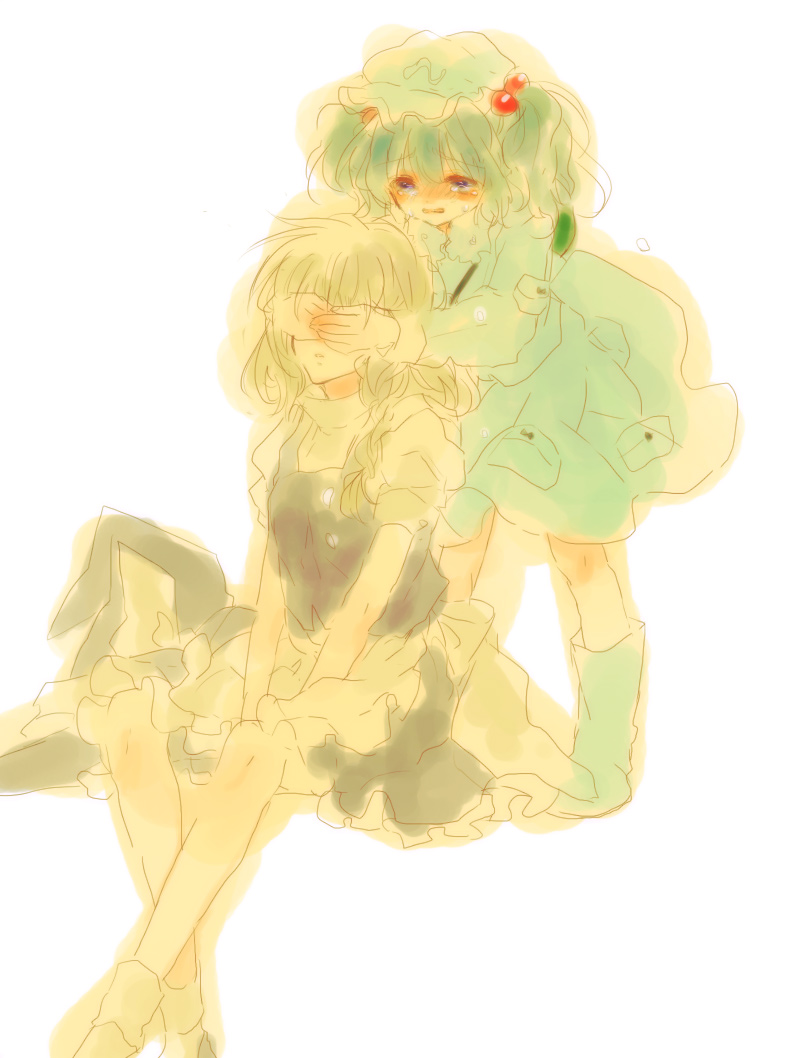 yukirar, kawashiro nitori, kirisame marisa, touhou, bad id, bad pixiv id, 2girls, blonde hair, blush, female focus, hair bobbles, hair ornament, hat, multiple girls, ribbon, tears, two side up