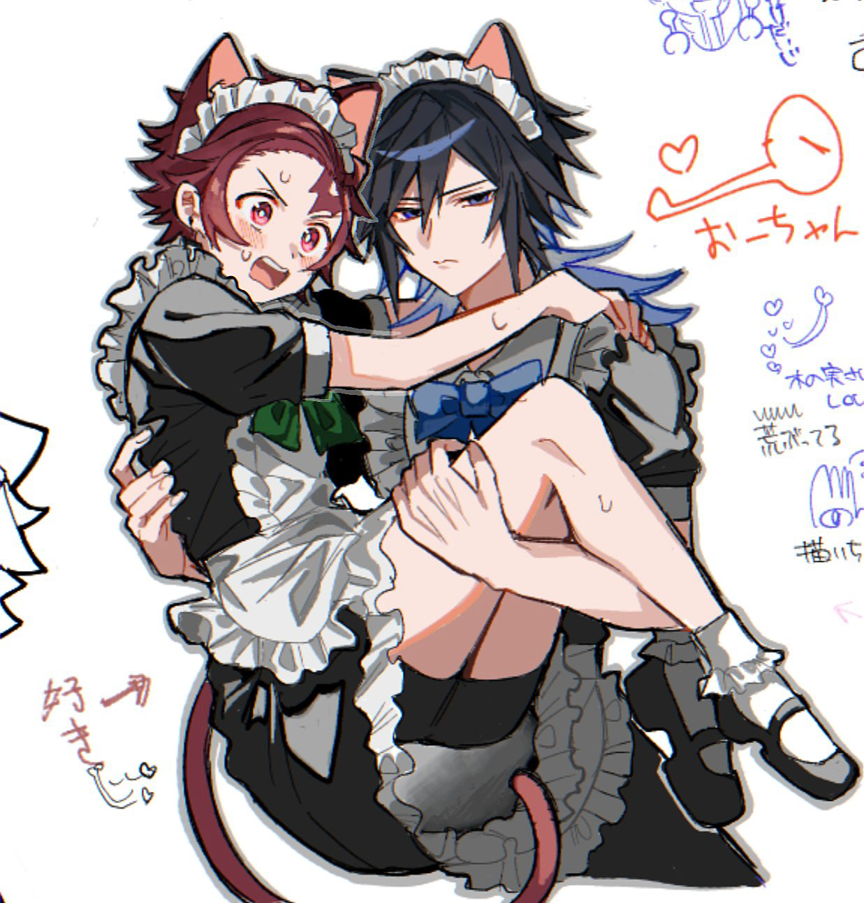ochitsuke, kamado tanjirou, tomioka giyuu, kimetsu no yaiba, commentary request, highres, translation request, alternate costume, animal ears, apron, black dress, black hair, black shoes, blue bow, blue bowtie, bow, bowtie, carrying, carrying person, cat ears, cat tail, closed mouth, crossdressing, crossdressing (mtf), dress, enmaided, flustered, frills, grey eyes, half-closed eyes, kemonomimi mode, long hair, looking at viewer, maid, maid apron, maid headdress, male focus, male maid, open mouth, princess carry, red eyes, red hair, scar, scar on face, scar on forehead, shoes, short hair, short sleeves, sidelocks, simple background, socks, sweat, tail, teeth, upper teeth only, white apron, white background, white socks