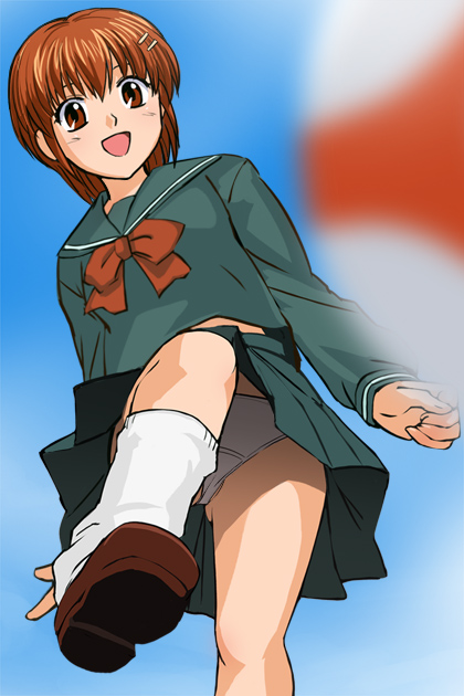 haruyama kazunori, sakurai miyuki, whistle!, 1girl, ball, blurry, bow, brown eyes, brown hair, brown shoes, depth of field, facing viewer, female focus, from below, green serafuku, hair ornament, hairclip, happy, kicking, loafers, long sleeves, looking at viewer, loose socks, midriff peek, outdoors, panties, pantyshot, school uniform, serafuku, shoes, sky, smile, soccer ball, socks, solo, tango (soccer ball), underwear, upskirt, white panties, white socks