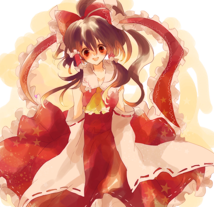 yukirar, hakurei reimu, touhou, bad id, bad pixiv id, 1girl, brown hair, female focus, japanese clothes, miko, ribbon, solo