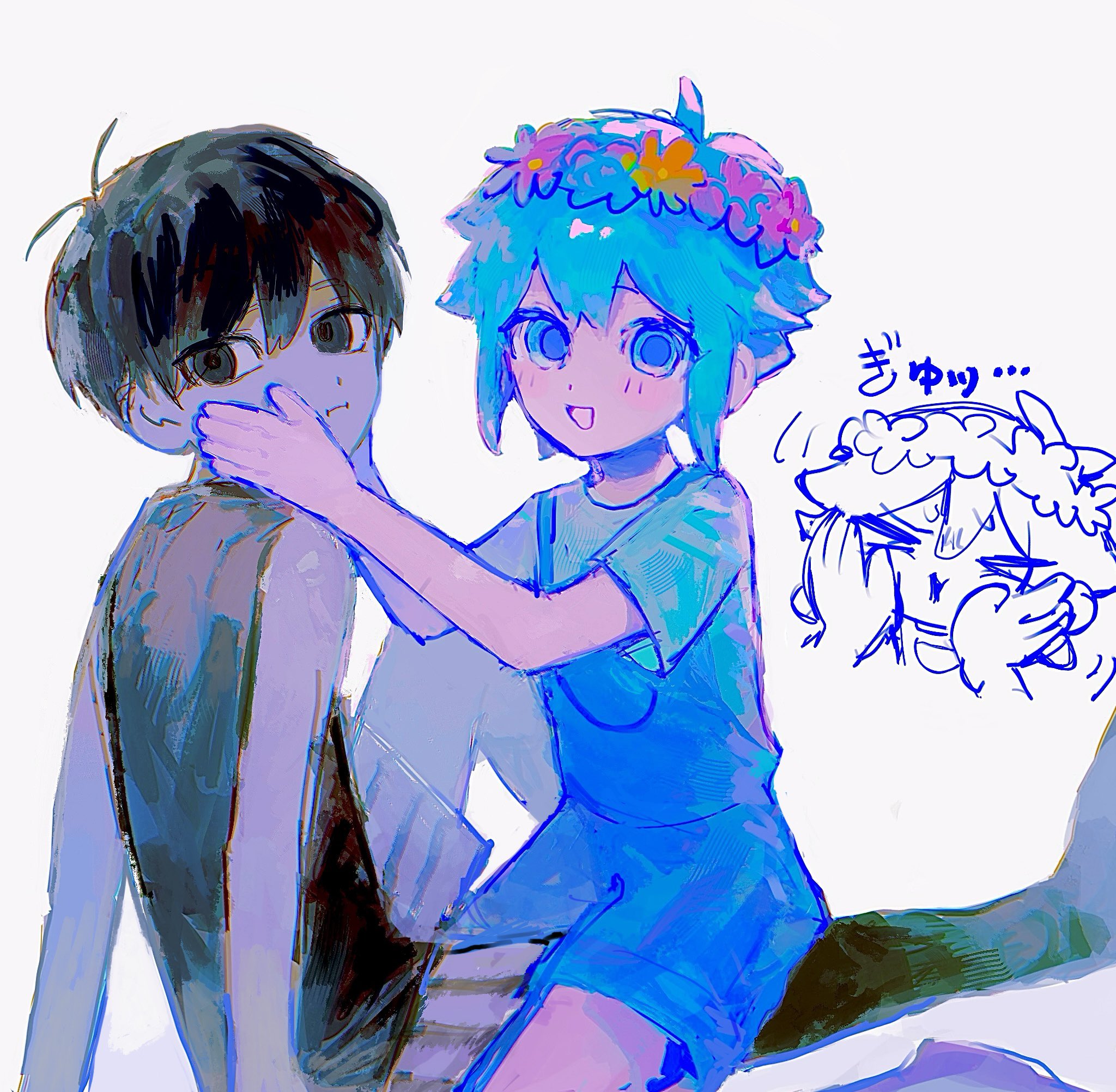 hinshi hp0, basil (headspace) (omori), basil (omori), omori (omori), omori, commentary, highres, symbol-only commentary, translation request, 2boys, antenna hair, black eyes, black hair, black tank top, black thighhighs, closed mouth, colored skin, double-parted bangs, flower, flower wreath, green eyes, green hair, hair between eyes, head wreath, looking at viewer, male focus, multiple boys, short hair, shorts, sidelocks, simple background, striped clothes, striped shorts, tank top, thighhighs, vertical-striped clothes, vertical-striped shorts, white background, white shorts, white skin